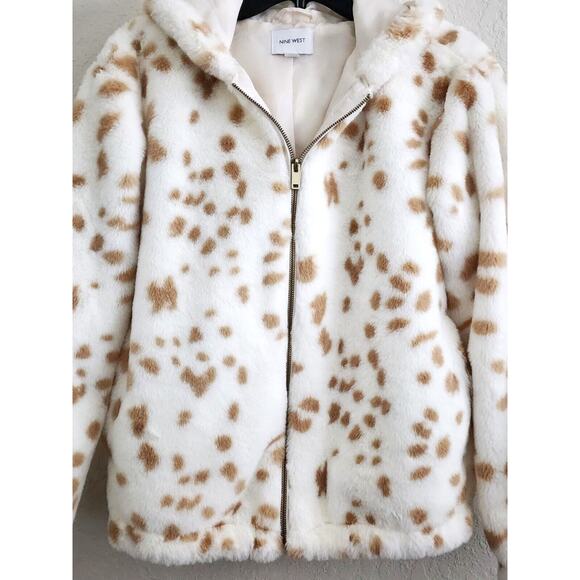 JACKET-HOODIE-NINE WEST-White Soft Faux Fur with Tan Spots-Lines-Size SMALL - Picture 5 of 16